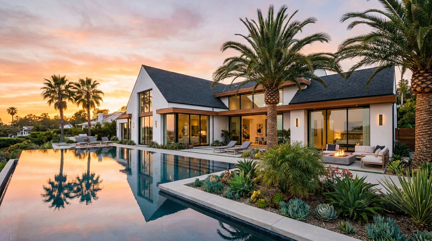 Modern Southern California luxury home with new roof at golden hour
